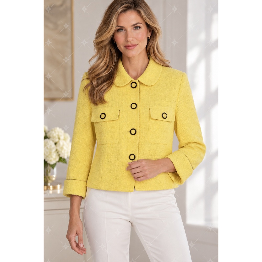 St. John Knit Jacket Womens 6 Yellow Excellent Wool Blend Cropped Tweed Blazer